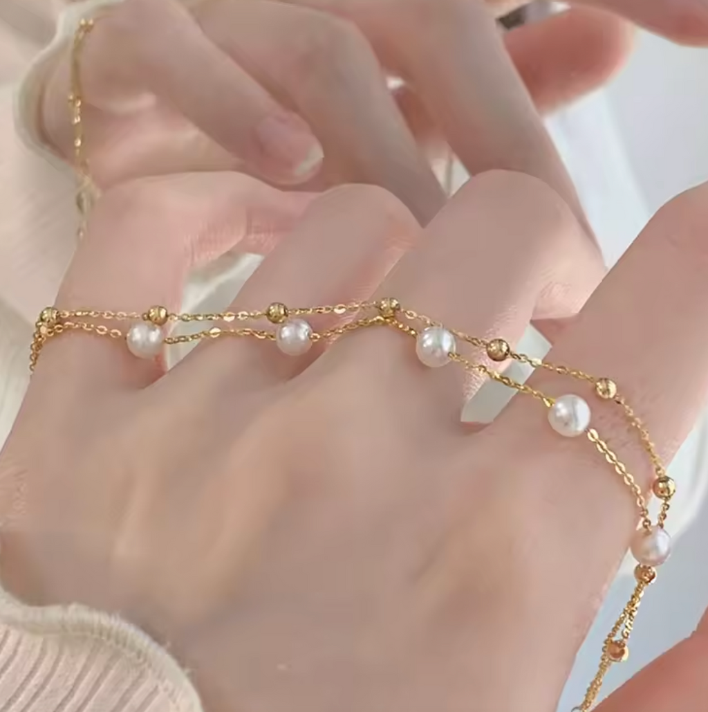 925 Sterling Silver Minimalist Pearl Double-Layer Bracelet for Women
