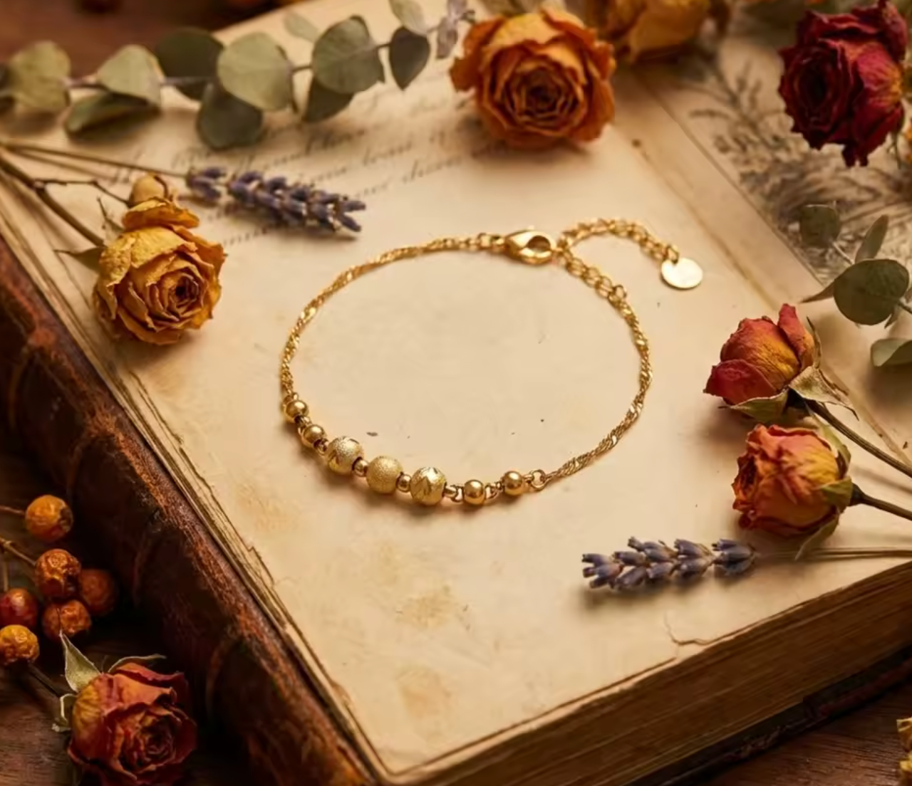 Gold Plated Titanium Steel Beaded Bracelet for Women